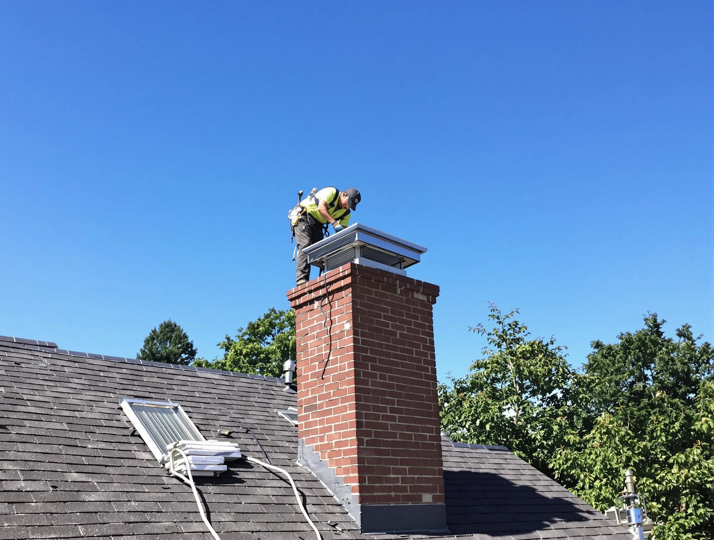 Chester Chimney Sweep technician measuring a chimney cap in Chester, VA
